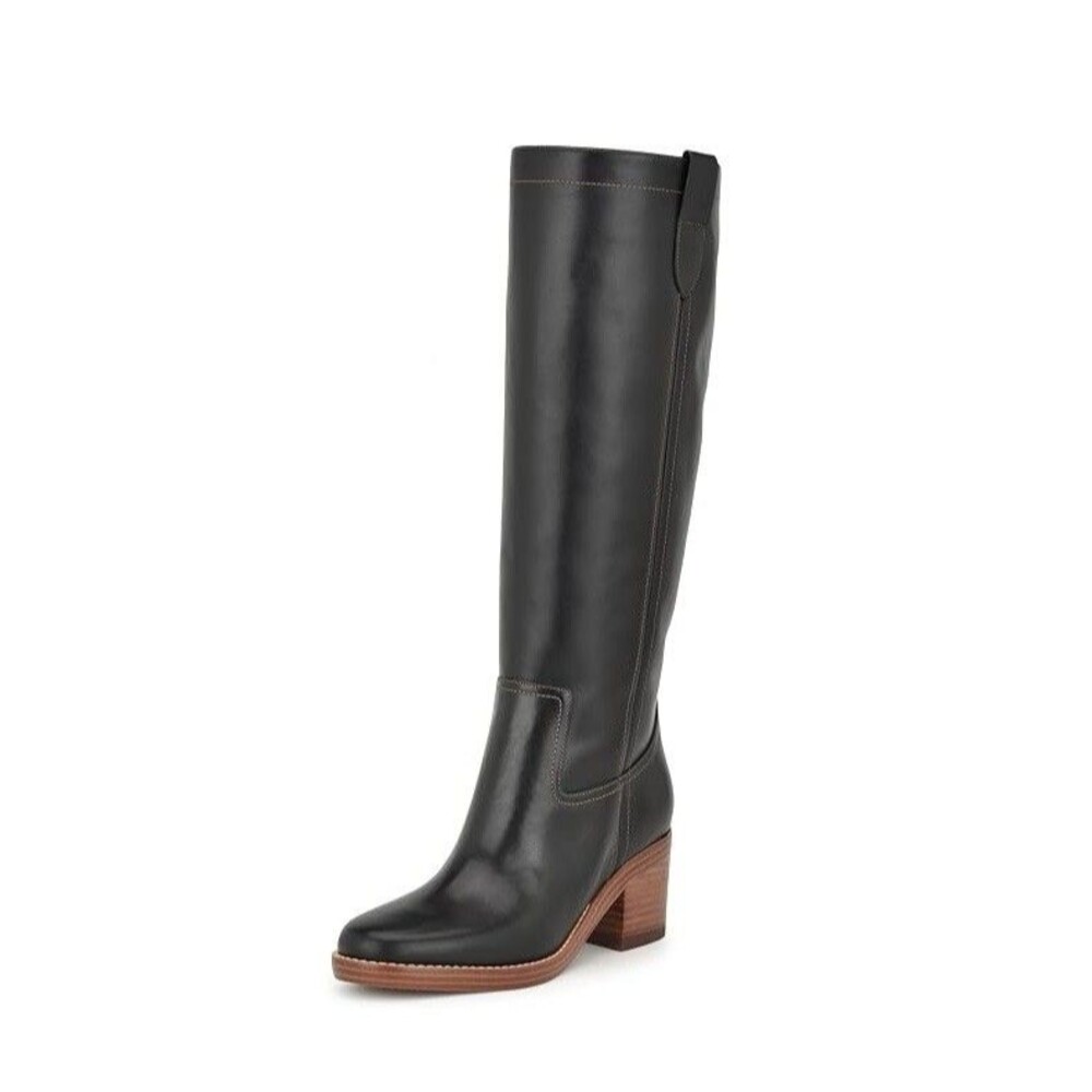 Nine West Women 7 M Black Leather Hecee Pull On Block Heel Riding Boots NIB OV6